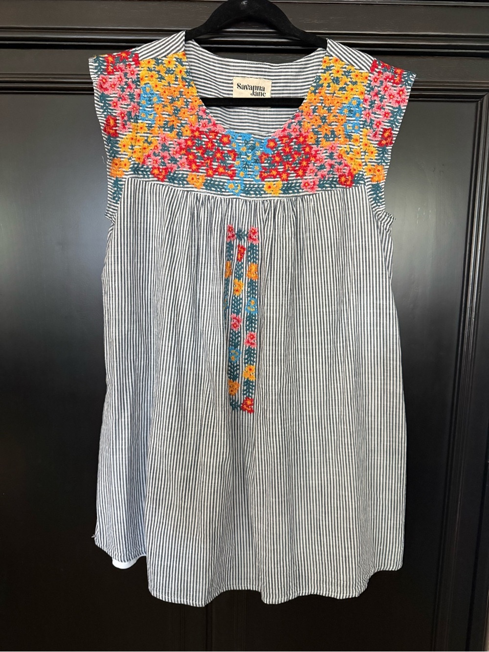Savanna Jane Embroidered Yoke Striped Dress in Blue and White